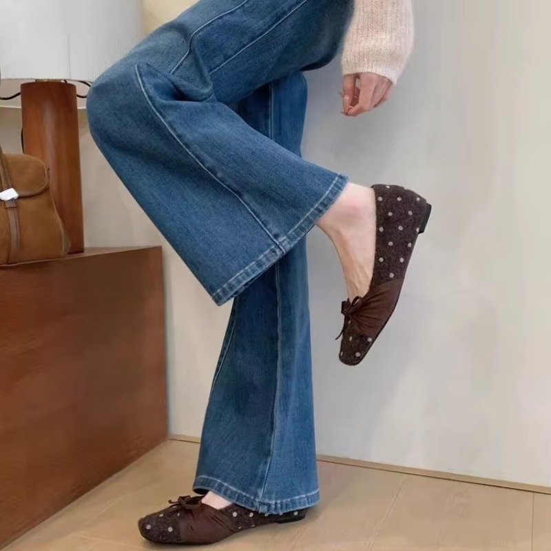 Women'S Shoes - 女性用、水玉模様のウール製バレエシューズ、スクエアトゥ、リボン飾り、柔らかい素材、スリッポンタイプ、レトロでカジュアルなデザイン、普段使いに最適な婦人靴。