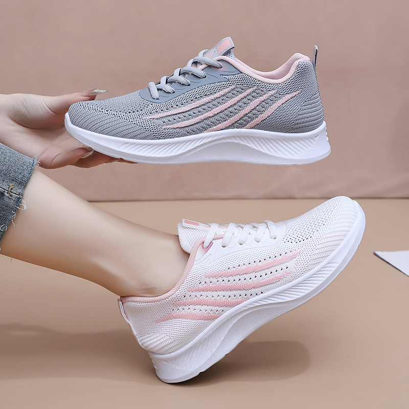 女性用、秋物、メッシュ素材のカジュアルスニーカー。通気性の良 - Knit Fabric Lace Up Sneakers のレビューと価格