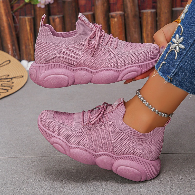 レディーススニーカー、最新トレンドの無地ニット素材、滑り止め - Knit Fabric Lace Up Sneakers のレビューと価格