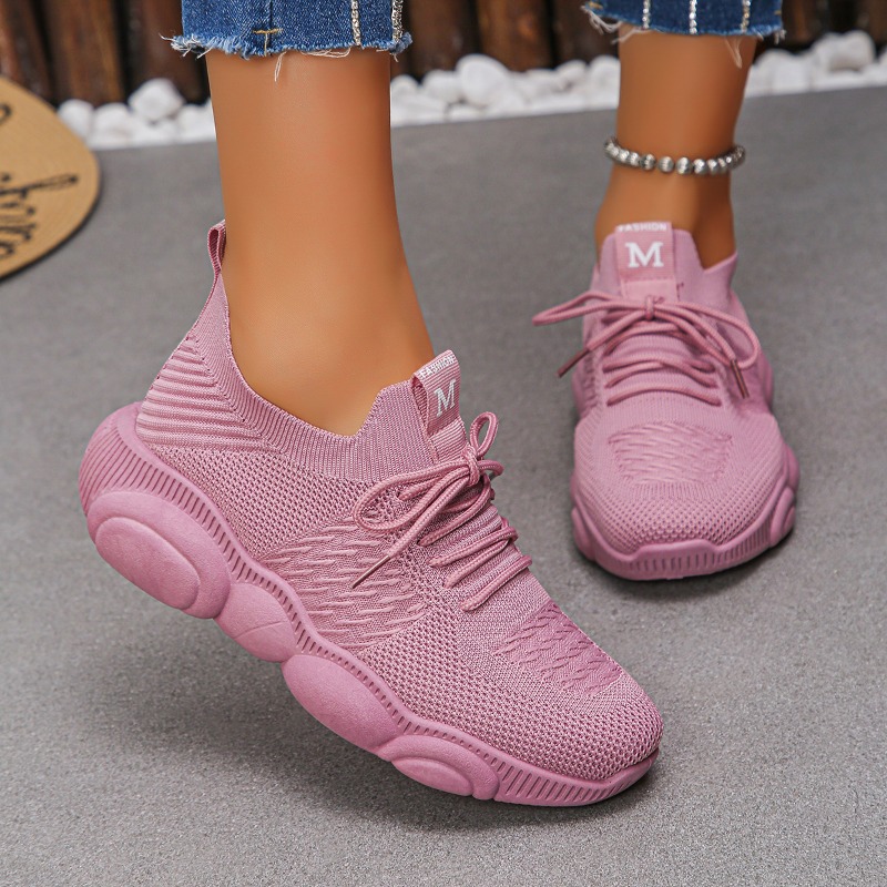 レディーススニーカー、最新トレンドの無地ニット素材、滑り止め - Knit Fabric Lace Up Sneakers のレビューと価格